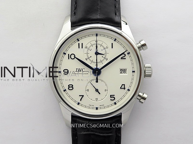 Portugieser Chrono Classic 42 IW390406 AZF 1:1 Best Edition White Dial Blue Markers on Black Leather Strap A7750