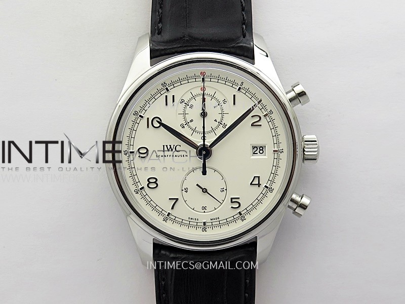 Portugieser Chrono Classic 42 IW390403 AZF 1:1 Best Edition White Dial Silver Markers on Black Leather Strap A7750
