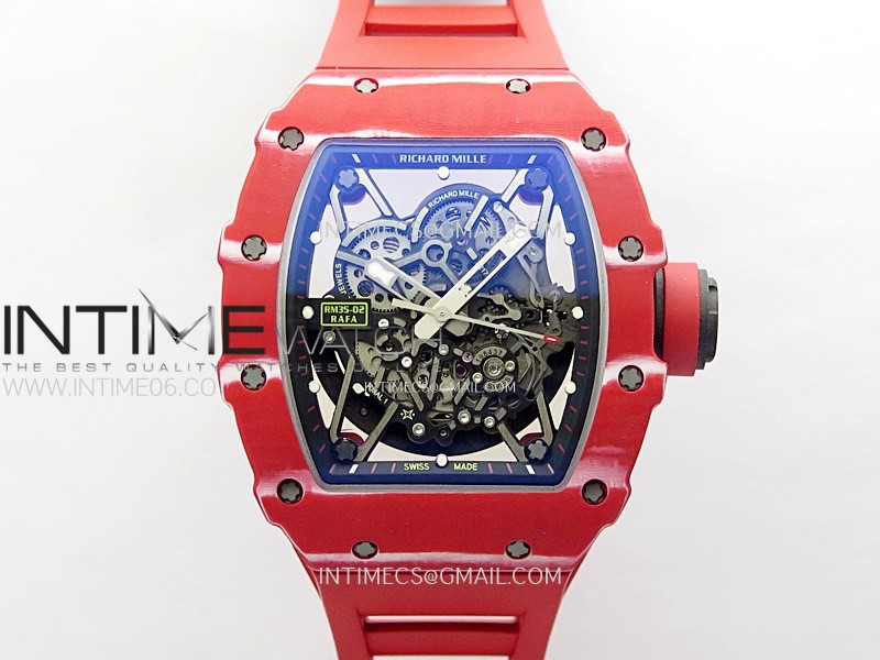 RM035-02 Real Red NTPT Carbon ZF 1:1 Best Edition Skeleton Dial on Red Rubber Strap V5