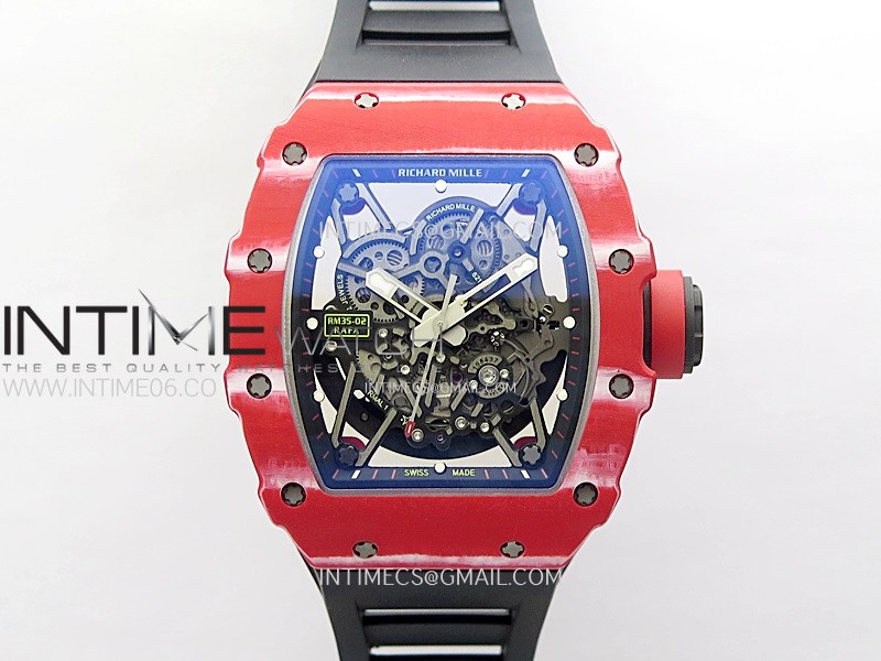 RM035-02 Real Red NTPT Carbon ZF 1:1 Best Edition Skeleton Dial on Black Rubber Strap V5