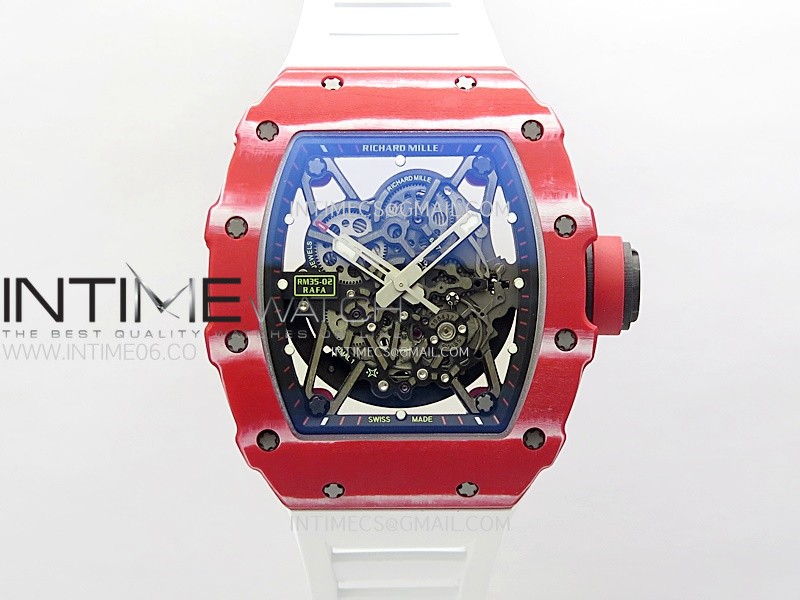 RM035-02 Real Red NTPT Carbon ZF 1:1 Best Edition Skeleton Dial on White Rubber Strap V5