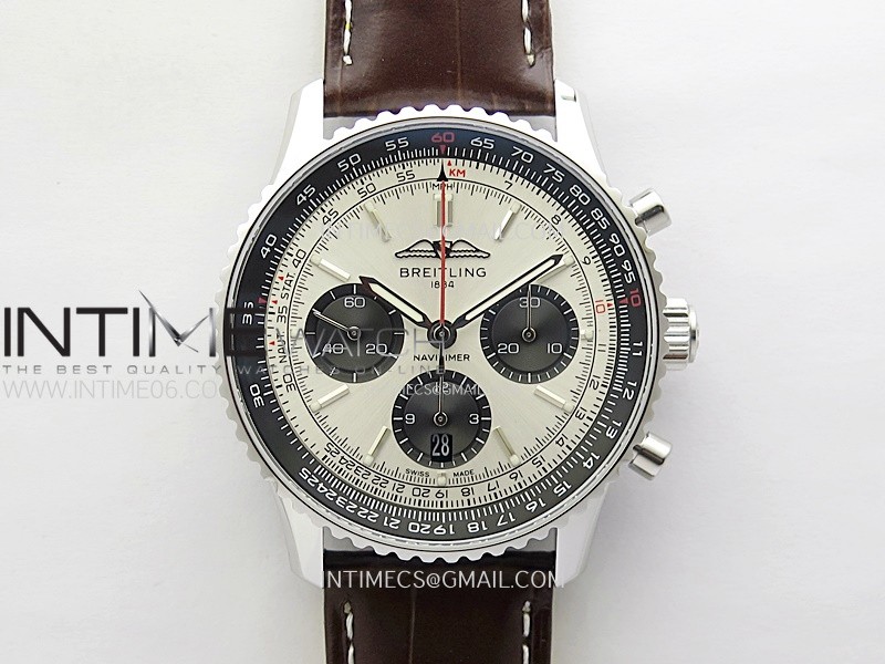 Navitimer B01 43mm SS B50 Best Edition Silver Dial Black Subdial On Brown Leather Strap A7750