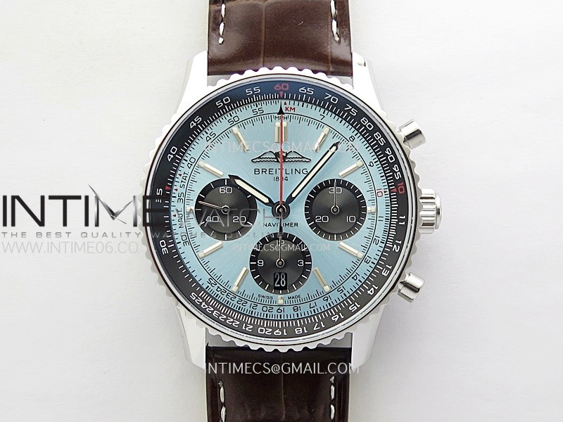 Navitimer B01 43mm SS B50 Best Edition Ice Blue Dial Black Subdial On Brown Leather Strap A7750