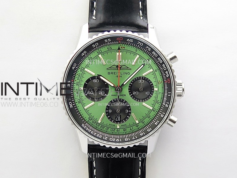 Navitimer B01 43mm SS B50 Best Edition Green Dial Black Subdial On Black Leather Strap A7750