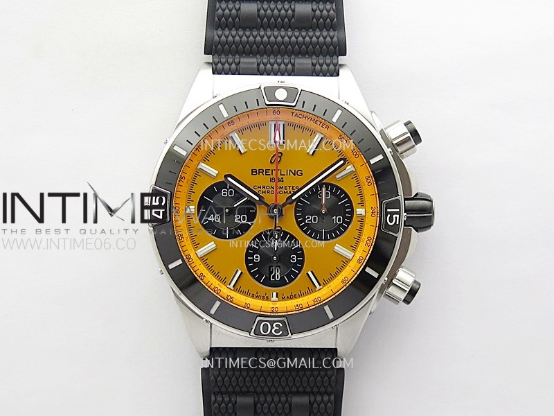 Chronomat B01 44mm SS BLSF 1:1 Best Edition Yellow Dial on Black Rubber Strap A7750 to Cal.01