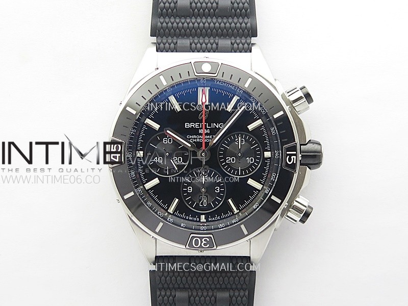 Chronomat B01 44mm SS BLSF 1:1 Best Edition Black Dial Black Subdial on Black Rubber Strap A7750 to Cal.01