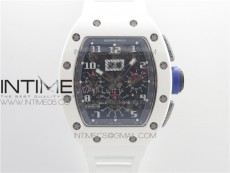 RM011 Real White Ceramic Chronograph KVF 1:1 Best Edition Crystal Skeleton Dial Blue on White Rubber Strap A7750