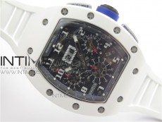 RM011 Real White Ceramic Chronograph KVF 1:1 Best Edition Crystal Skeleton Dial Blue on White Rubber Strap A7750