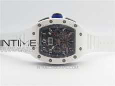 RM011 Real White Ceramic Chronograph KVF 1:1 Best Edition Crystal Skeleton Dial Blue on White Rubber Strap A7750