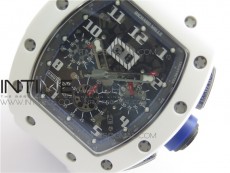 RM011 Real White Ceramic Chronograph KVF 1:1 Best Edition Crystal Skeleton Dial Blue on White Rubber Strap A7750