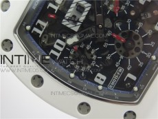RM011 Real White Ceramic Chronograph KVF 1:1 Best Edition Crystal Skeleton Dial Blue on White Rubber Strap A7750