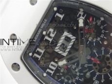 RM011 Real White Ceramic Chronograph KVF 1:1 Best Edition Crystal Skeleton Dial Blue on White Rubber Strap A7750