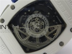 RM011 Real White Ceramic Chronograph KVF 1:1 Best Edition Crystal Skeleton Dial Blue on White Rubber Strap A7750