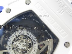 RM011 Real White Ceramic Chronograph KVF 1:1 Best Edition Crystal Skeleton Dial Blue on White Rubber Strap A7750