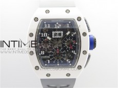 RM011 Real White Ceramic Chronograph KVF 1:1 Best Edition Crystal Skeleton Dial Blue on Gray Rubber Strap A7750