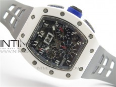 RM011 Real White Ceramic Chronograph KVF 1:1 Best Edition Crystal Skeleton Dial Blue on Gray Rubber Strap A7750