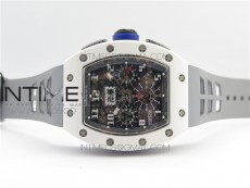 RM011 Real White Ceramic Chronograph KVF 1:1 Best Edition Crystal Skeleton Dial Blue on Gray Rubber Strap A7750