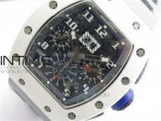 RM011 Real White Ceramic Chronograph KVF 1:1 Best Edition Crystal Skeleton Dial Blue on Gray Rubber Strap A7750