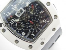 RM011 Real White Ceramic Chronograph KVF 1:1 Best Edition Crystal Skeleton Dial Blue on Gray Rubber Strap A7750