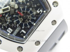 RM011 Real White Ceramic Chronograph KVF 1:1 Best Edition Crystal Skeleton Dial Blue on Gray Rubber Strap A7750