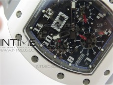 RM011 Real White Ceramic Chronograph KVF 1:1 Best Edition Crystal Skeleton Dial Blue on Gray Rubber Strap A7750