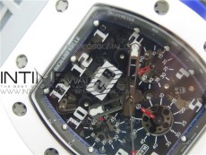 RM011 Real White Ceramic Chronograph KVF 1:1 Best Edition Crystal Skeleton Dial Blue on Gray Rubber Strap A7750