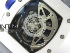 RM011 Real White Ceramic Chronograph KVF 1:1 Best Edition Crystal Skeleton Dial Blue on Gray Rubber Strap A7750