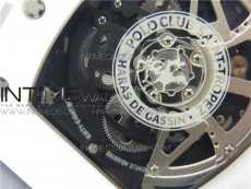 RM011 Real White Ceramic Chronograph KVF 1:1 Best Edition Crystal Skeleton Dial Blue on Gray Rubber Strap A7750