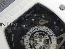 RM011 Real White Ceramic Chronograph KVF 1:1 Best Edition Crystal Skeleton Dial Blue on Gray Rubber Strap A7750
