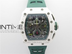 RM011 Real White Ceramic Chronograph KVF 1:1 Best Edition Crystal Skeleton Dial Green on Green Rubber Strap A7750