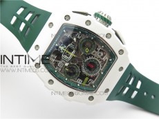 RM011 Real White Ceramic Chronograph KVF 1:1 Best Edition Crystal Skeleton Dial Green on Green Rubber Strap A7750