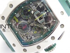 RM011 Real White Ceramic Chronograph KVF 1:1 Best Edition Crystal Skeleton Dial Green on Green Rubber Strap A7750