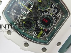 RM011 Real White Ceramic Chronograph KVF 1:1 Best Edition Crystal Skeleton Dial Green on Green Rubber Strap A7750