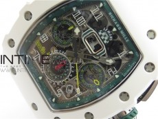 RM011 Real White Ceramic Chronograph KVF 1:1 Best Edition Crystal Skeleton Dial Green on Green Rubber Strap A7750