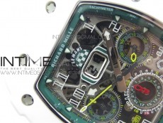 RM011 Real White Ceramic Chronograph KVF 1:1 Best Edition Crystal Skeleton Dial Green on Green Rubber Strap A7750