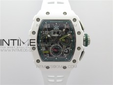 RM011 Real White Ceramic Chronograph KVF 1:1 Best Edition Crystal Skeleton Dial Green on White Rubber Strap A7750