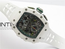 RM011 Real White Ceramic Chronograph KVF 1:1 Best Edition Crystal Skeleton Dial Green on White Rubber Strap A7750