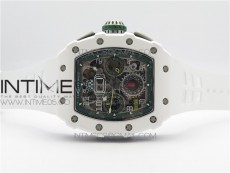 RM011 Real White Ceramic Chronograph KVF 1:1 Best Edition Crystal Skeleton Dial Green on White Rubber Strap A7750