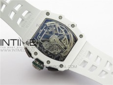 RM011 Real White Ceramic Chronograph KVF 1:1 Best Edition Crystal Skeleton Dial Green on White Rubber Strap A7750