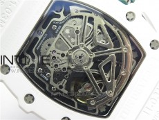 RM011 Real White Ceramic Chronograph KVF 1:1 Best Edition Crystal Skeleton Dial Green on White Rubber Strap A7750