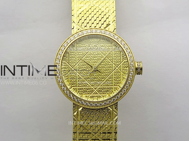 La D de dior Satine 25mm Diamond Bezel YG Case 8848F 1:1 Best Edition Gold Dial on YG bracelet Swiss Quartz