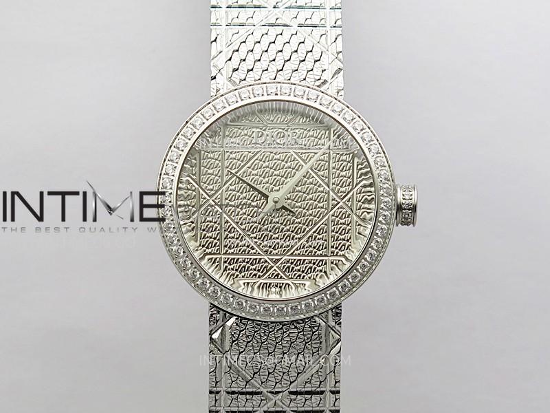La D de Dior Satine 25mm SS/Diamonds 8848F 1:1 Best Edition Silver Dial on SS bracelet Swiss Quartz