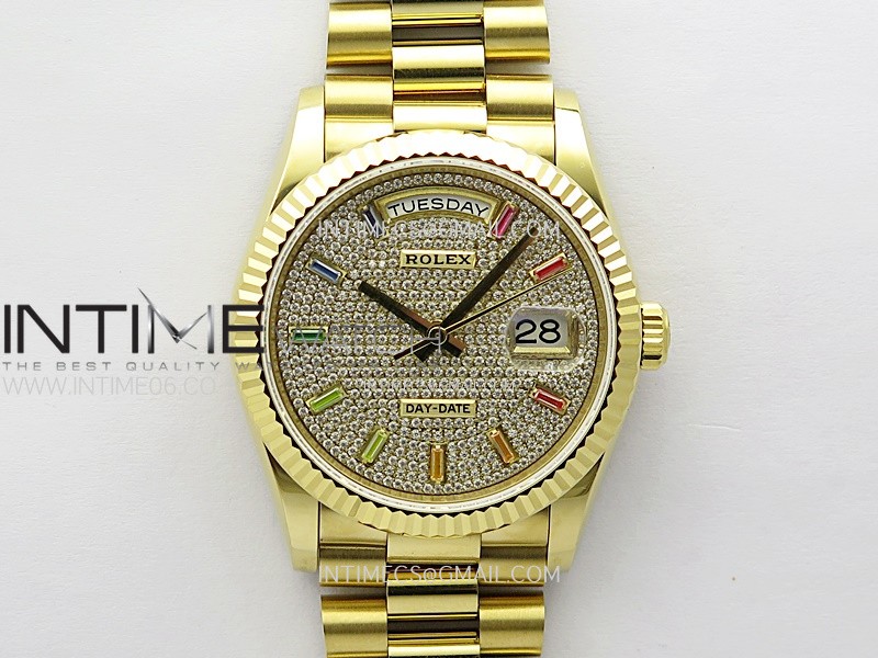 Day Date 36mm Gain Weight YG/tungsten APSF 1:1 Best Edition Diamond Dial Rainbow Markers on SS President Bracelet A3255