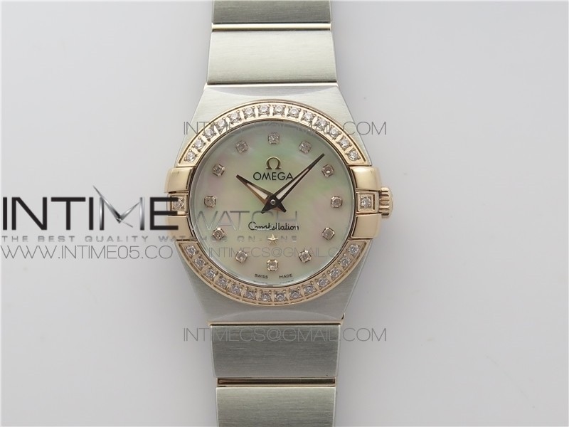 Constellation Ladies 27mm K11F 1:1 Best Edition SS/RG Diamonds Bezel White MOP Dial Stick Markers on SS/RG Bracelet ETA Quartz