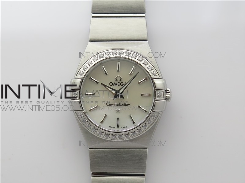 Constellation Ladies 27mm K11F 1:1 Best Edition SS Diamonds Bezel White MOP Dial Stick Markers on SS Bracelet ETA Quartz