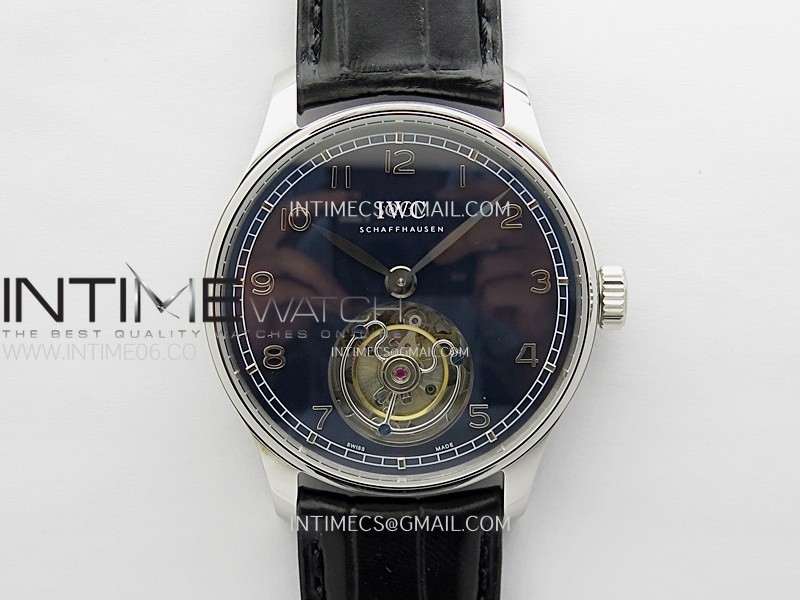 Portuguese Tourbillon SS AXF Blue Dial Sliver Numbers on Black Leather Strap