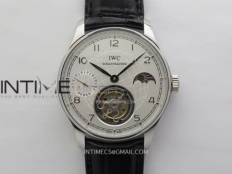 Portuguese Tourbillon Power Reserve SS AXF White Dial Sliver Numbers moonphase on Black Leather Strap