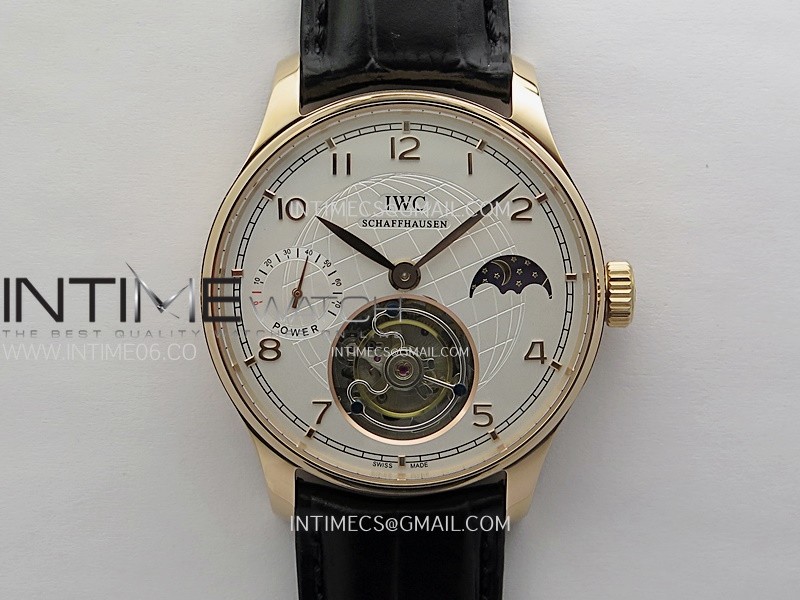 Portuguese Tourbillon Power Reserve RG AXF White Dial RG Numbers moonphase on Black Leather Strap