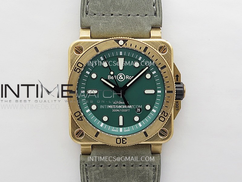 BR 03-92 Diver Ceramic Bezel Bronze B12 1:1 Best Edition Green Dial on Gray Leather Strap MIYOTA 9015 (Free Black Rubber Straps)