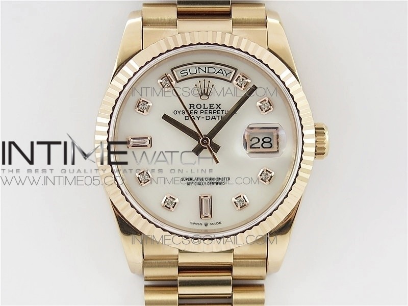 Day-Date 36 128239 RG BP Best Edition White MOP Crystal Markers Dial on RG President Bracelet A2836